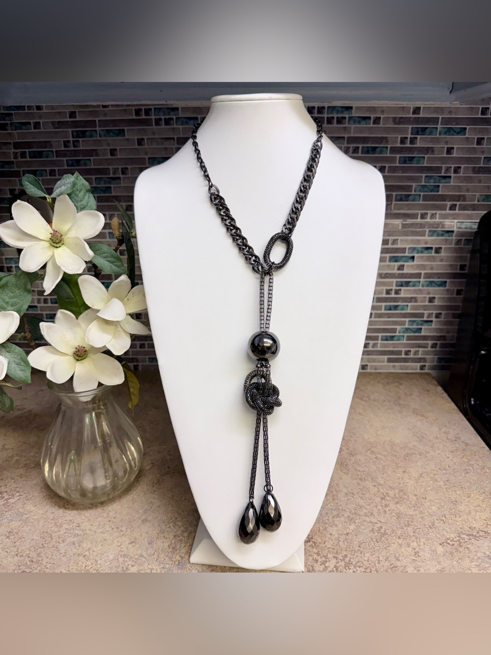 Long chunky gunmetal abstract necklace